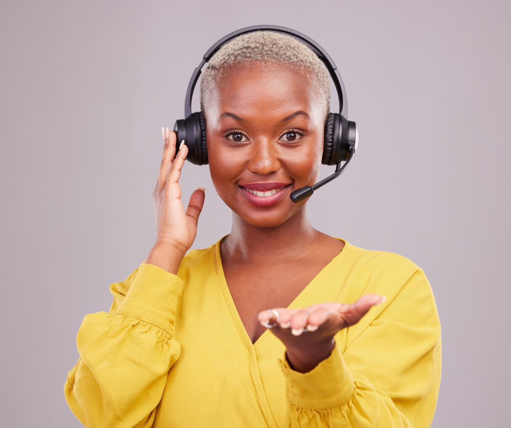 woman call center hand presentation offer questions communication faq support helping studio consultant agent portrait african person giving advice white background
